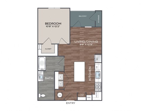 Floor plan for 1 bed, 1 bath, 684 sqft
